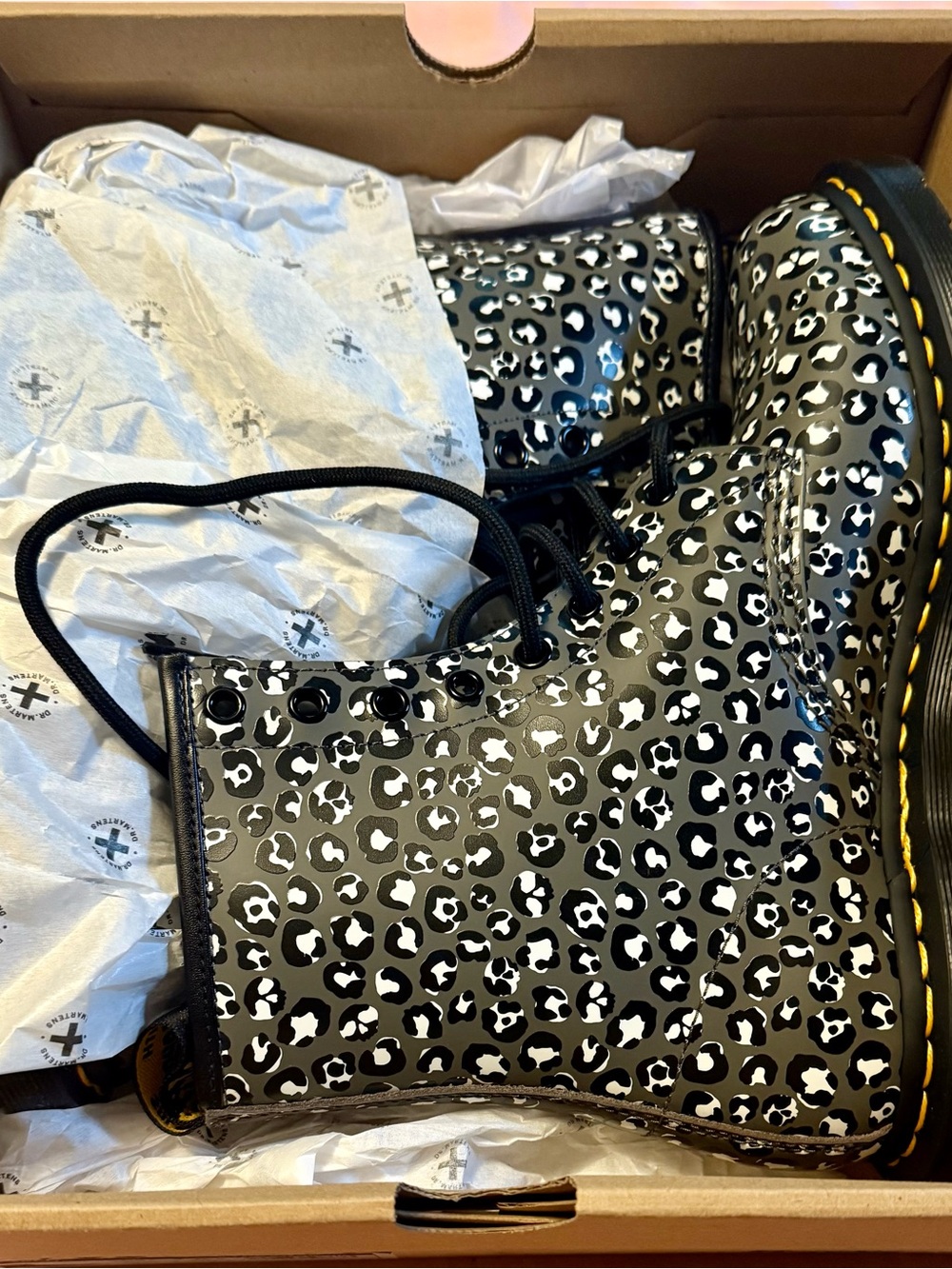 NIB Dr. Martens Black & White Leopard Print Combat Boots